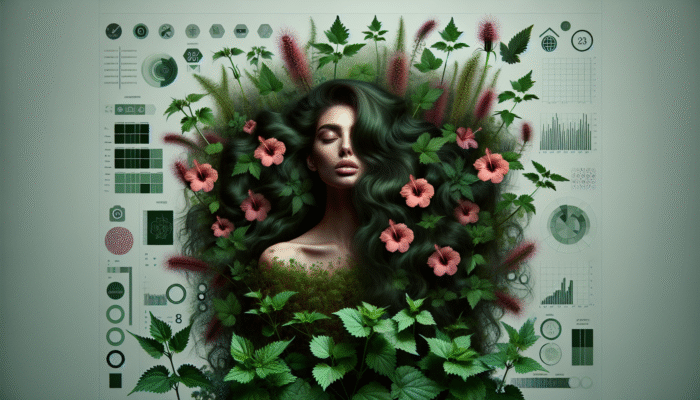 A woman with voluminous hair surrounded by nettle and hibiscus plants.