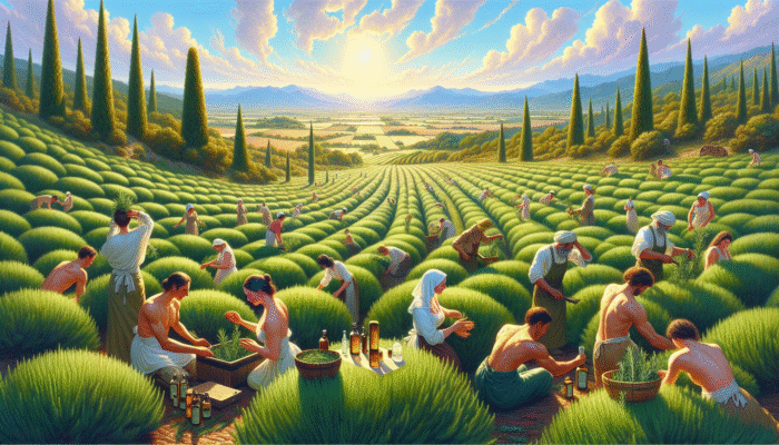 Mediterranean fields with rosemary plants, people harvesting and applying oil for healthy hair growth.
