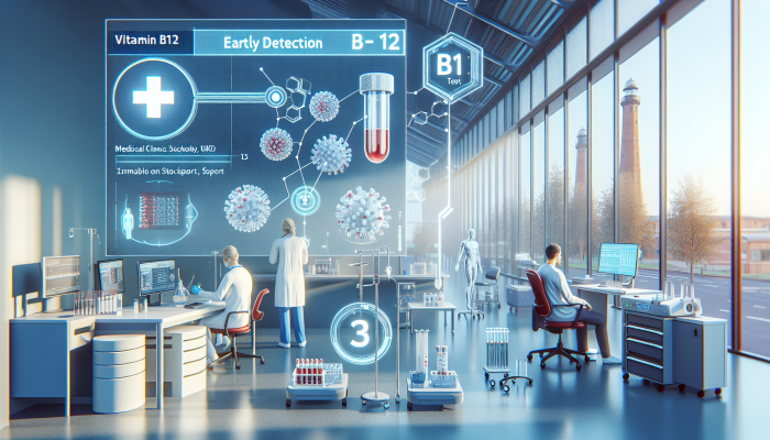Illustration of Vitamin B12 testing process in a modern UK clinic, emphasizing early detection and proactive health checks in Stockport.