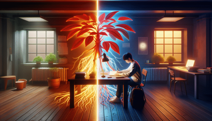 Korean ginseng with red roots boosting student focus; American ginseng with green roots calming another student.