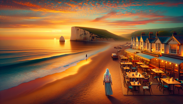 How to Celebrate Debt Consolidation Milestones: A Guide | DCL A serene UK coastal sunset scene with a person walking, cafes, and distant cliffs, celebrating relaxation.