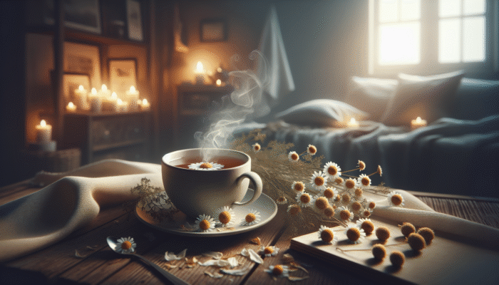 A steaming cup of chamomile tea on a cozy table, surrounded by dried flowers, in a softly lit room.