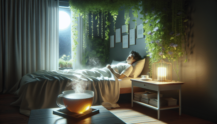 A serene bedroom with valerian root tea, moonlight, and passionflower vines, person asleep.