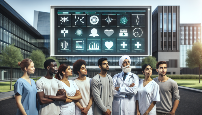 A diverse group viewing treatment options on a digital screen outside a modern UK medical facility.