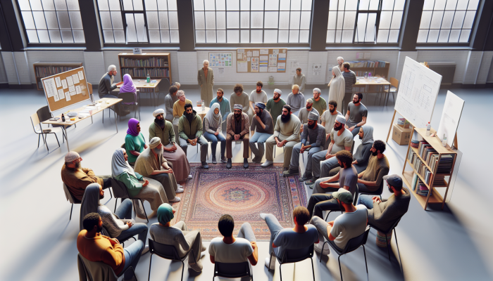 A diverse group at a UK community center in an AA or NA meeting, sharing and supporting each other.