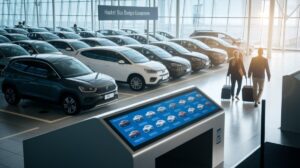 A modern Car Rentals center with rows of parked vehicles inside a bright, glass-walled building. Two travelers with suitcases walk towards the cars, while a digital kiosk offers hassle-free booking options. Sunlight streams in from large windows.