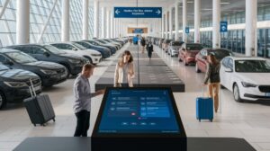 In a bright car rental facility, travelers with suitcases enhance their booking experience at a large touchscreen kiosk. Rows of parked cars line both sides, overhead signs offer directions in multiple languages, and natural light floods the space.