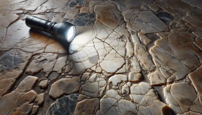 Inspection of cracked limestone flooring showing various cracks, moisture, debris, and uneven tiles.