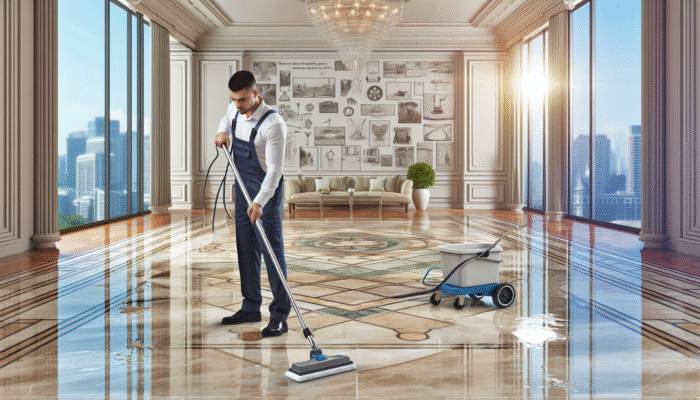 A professional cleaner maintaining a gleaming travertine floor in a luxurious home, illustrating cost-effective preventive maintenance.