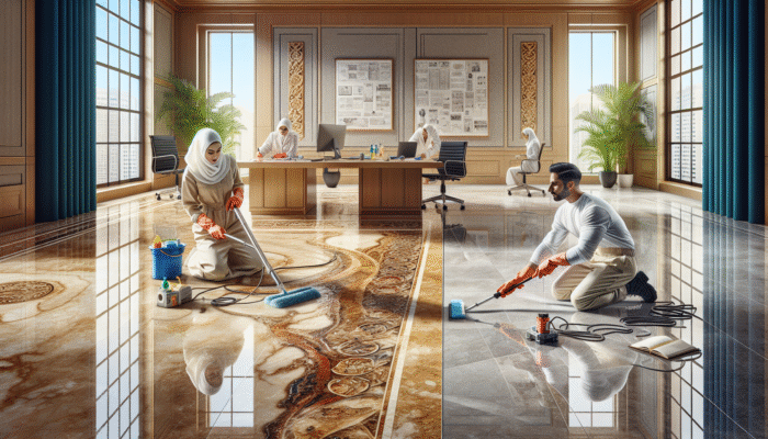 Professional cleaning team restoring travertine floor with specialized tools, showing before-and-after transformation.