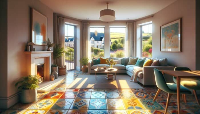 Deep Cleaning Ceramic Tile Floors: Cozy living room with vibrant, clean ceramic tile floors in Stirling, enhancing warmth and space.