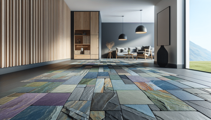 Slate Floor Maintenance: Welsh slate flooring in a modern UK home, displaying a range of deep blues, purples, greens, and greys.