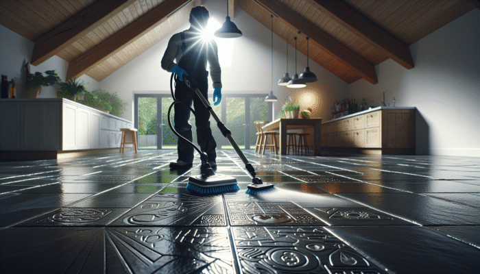 A person cleaning a UK slate floor with eco-friendly products, showcasing the floor's natural sheen in a modern home.