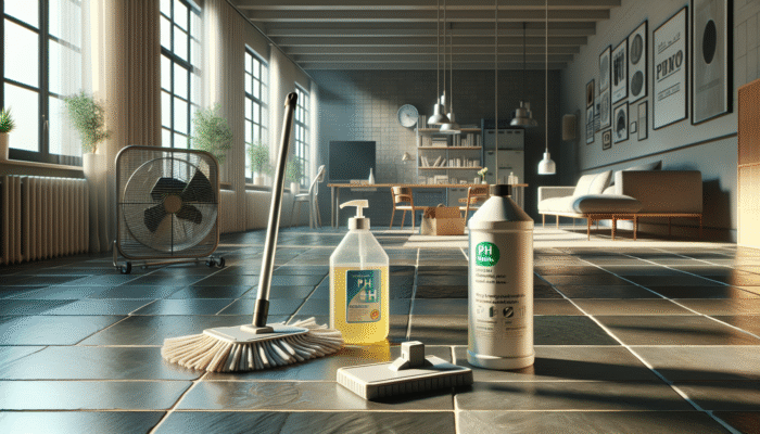 Slate floor cleaning with pH-neutral cleaner, dry mop, and ventilation fan in a well-lit room.