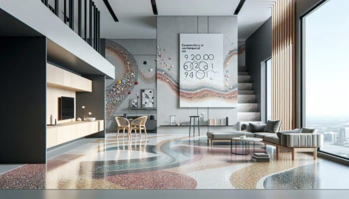 Comprehensive Guide to Terrazzo Floor Restoration in West Lothian Homes: Showcasing vibrant, swirling terrazzo flooring in a sleek, modern apartment.