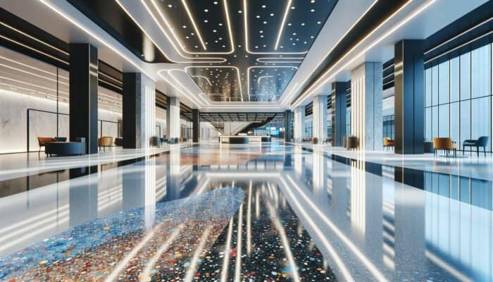 Bright epoxy terrazzo flooring in a modern commercial space, showcasing light reflection and durability.