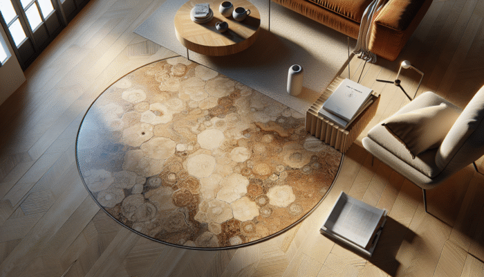 Travertine Floor Care: Close-up of travertine flooring with warm, earthy tones and intricate textures in a modern living room.