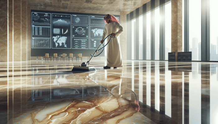 A person cleaning a travertine floor with specialized tools in a sunlit room, highlighting the stone's veining.