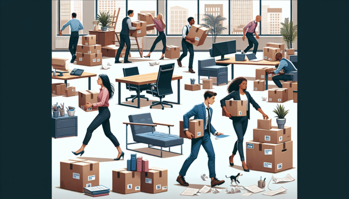 Workers urgently packing and moving office furniture, signs showing extra fees for urgent services and specialized disposal in a modern UK office.