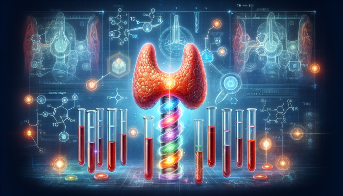 Illustration of thyroid gland and blood test tubes showing TSH, T3, T4 levels with clinical charts.