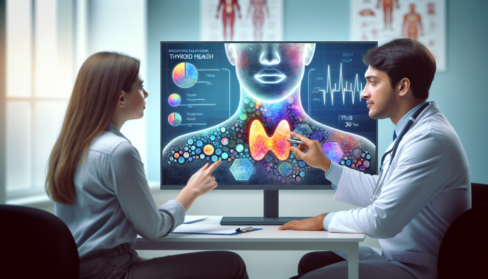 Doctor and patient in Grimsby clinic reviewing thyroid test results on digital screen, discussing TSH levels and health management.
