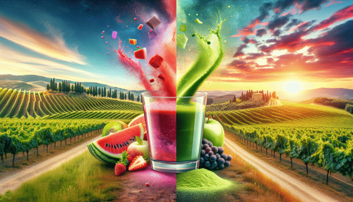 Split image of flavored electrolyte powders in watermelon and green apple, and unflavored mixed into smoothie and protein shake, with Tuscan vineyards.