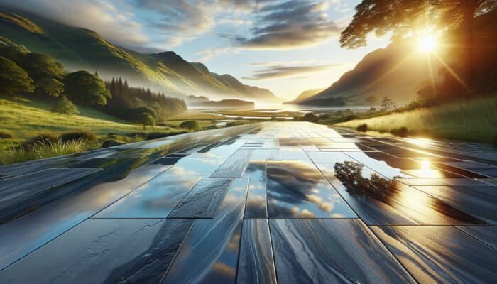 The Importance of Waterproofing Stone Floors in Inverclyde: A beautiful landscape showcasing a luxurious waterproofed stone floor reflecting its vibrant environment, demonstrating durability and protection.