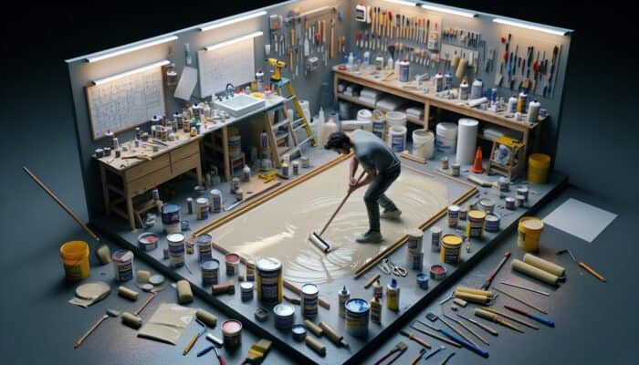 A technician applying waterproof sealant using tools and materials in an organised workspace.