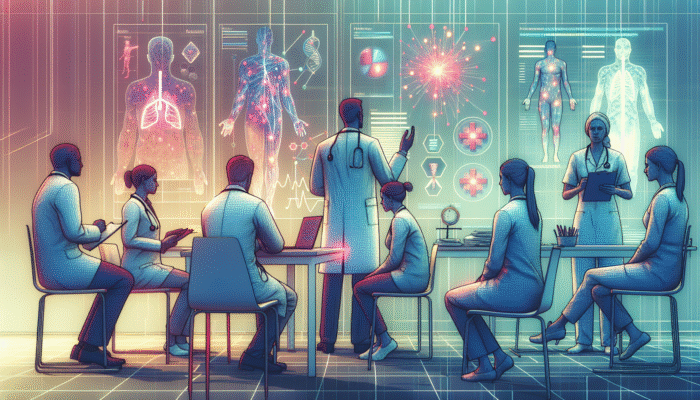 A UK healthcare scene with doctors and patients discussing fibromyalgia, surrounded by medical charts and symbols of pain and relief.