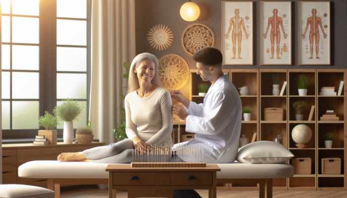 A serene acupuncture session in a cozy UK clinic, patient smiling with reduced fibromyalgia pain.