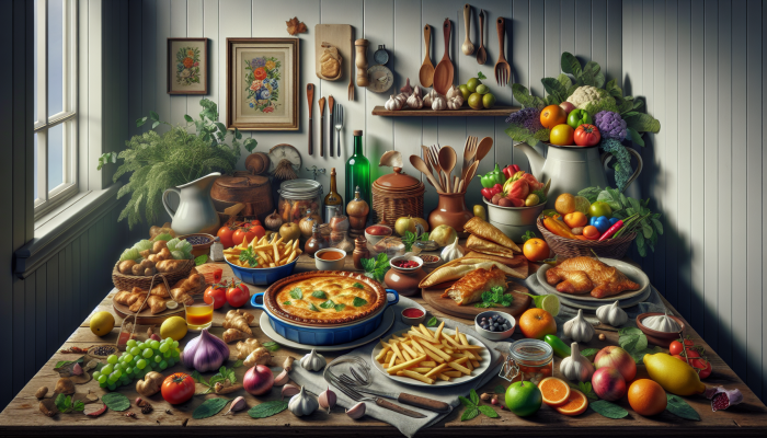 A table with shepherd's pie, fish and chips, and immune-boosting ingredients like garlic and citrus in a cozy kitchen.
