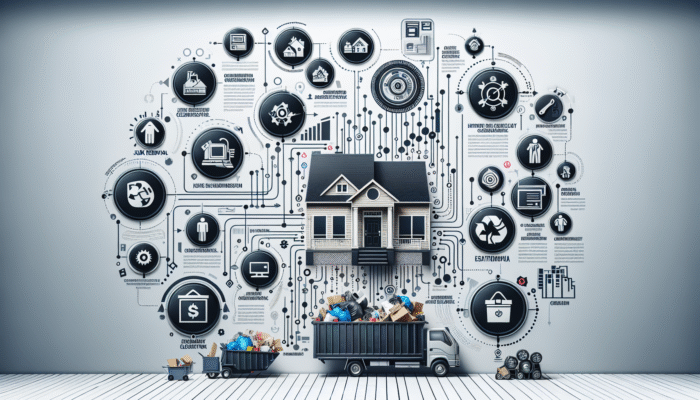 Infographic displaying various house clearance services like junk removal, estate cleanouts, and hoarding cleanup with icons and descriptions.