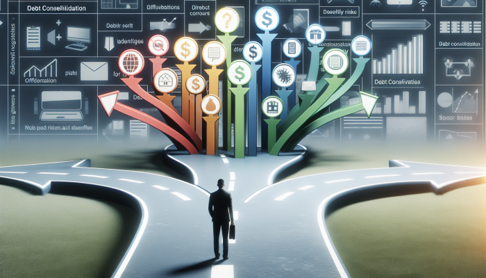 A person at a crossroads with signposts showing different debt consolidation loan types and their attributes.