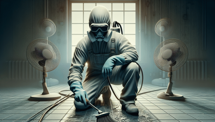 Individual cleaning grout with safety equipment in a well-ventilated room.