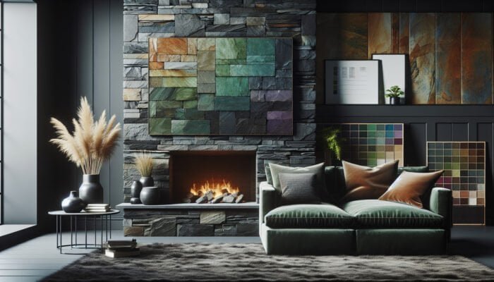 A cozy living room with a rustic slate fireplace displaying deep blacks, greys, greens, and purples, highlighting natural clefts and layers.
