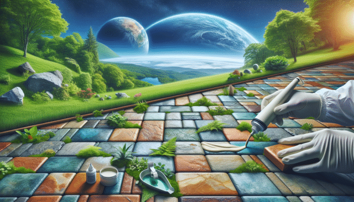 Eco-friendly sealant on stone tiles amidst greenery and clear skies, symbolising minimal environmental impact.
