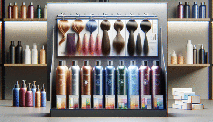 Quick Fixes for Bad Hair Days: Bottles of dry shampoo for oily, fine, and dark hair on a modern shelf with hair swatches.