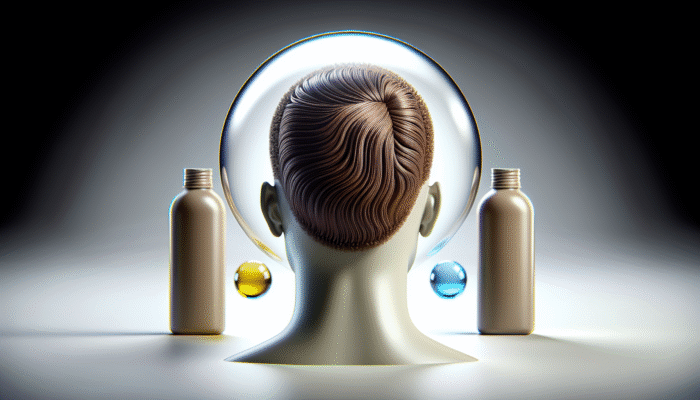 Person with refreshed hair using dry shampoo, surrounded by 2-3 bottles, slight irritation and greasiness visible.
