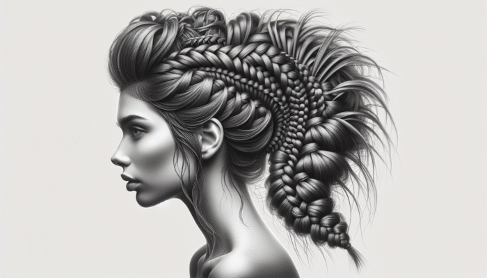 Woman with unmanageable hair styled in intricate fishtail and Dutch braids, showcasing texture and volume.