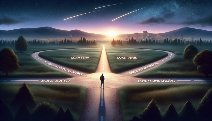 Advanced Debt Consolidation Loan Terms to Know | DCL A person at a crossroads choosing between loan term lengths under a twilight sky with city skyline.