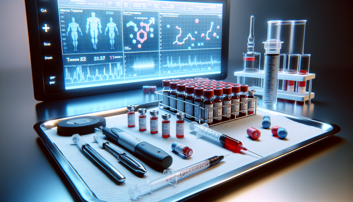 Illustration of a male hormone blood test with vials, syringe, and hormonal balance chart in a clinical setting.