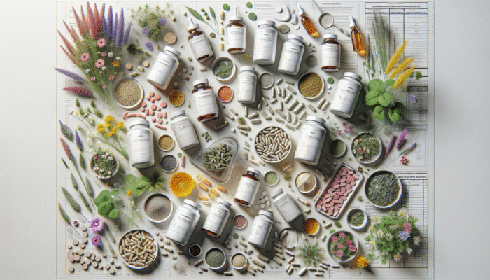 How to Use Herbal Supplements for Energy: Diverse herbal supplements in various forms surrounded by plants, symbolizing natural health and vitality.