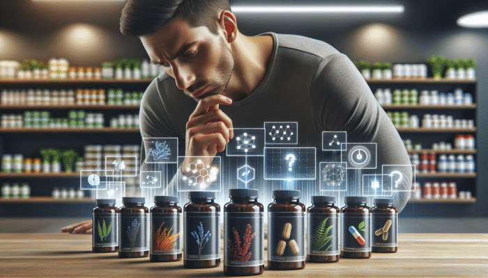 A person examining herbal supplement bottles with energy boost labels and certifications in a health store.