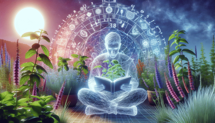 Person in serene setting with herbs, analyzing energy diary and chart showing daily fluctuations.