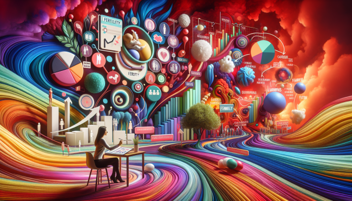 A woman navigating a vibrant abstract landscape representing fertility, career, and family planning considerations.