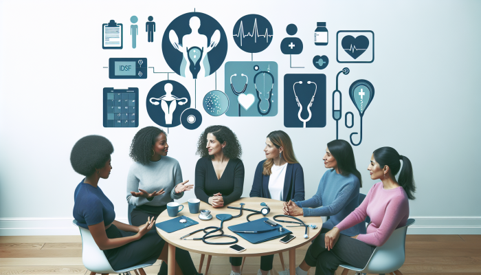 A diverse group of women discussing fertility options in a supportive healthcare setting with informational posters on IVF and NHS services.