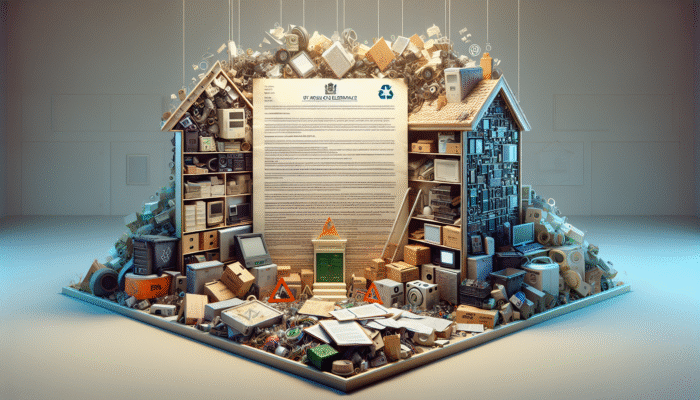 Electronics Regulations for House Clearance: A legal document amidst electronic waste, featuring WEEE and EPA symbols, in a UK house clearance setting, highlighting sustainability and compliance.