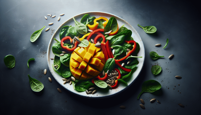 Juicy mango slices, fresh spinach, red bell peppers, and sunflower seeds on a white plate.