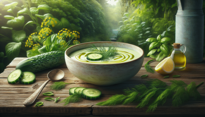 Bowl of creamy chilled cucumber soup with olive oil, dill, and lemon, on a rustic wooden table with greenery.