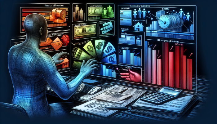 Credit Score Tips for Debt Consolidation Success: UK Guide | DCL A person in the UK reviewing a financial spreadsheet with debts highlighted in various colors, surrounded by credit cards, loan documents, and a calculator.